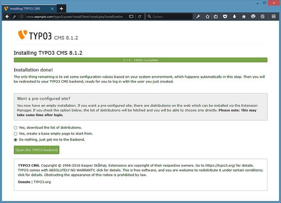 TYPO3-Installation abgeschlossen.