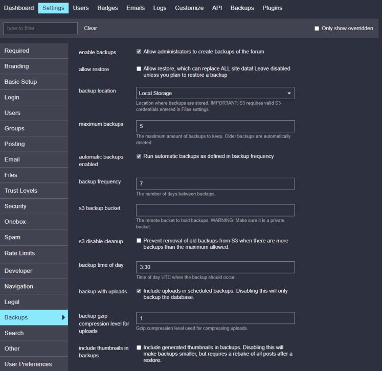 Discourse Backups Einstellungen