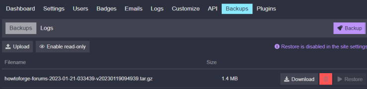 Discourse Backups Seite