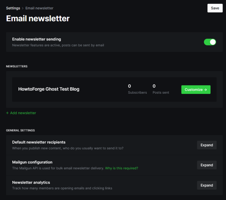 Ghost E-Mail Newsletter Einstellungen