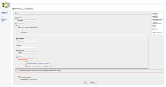 Legen Sie einen Seitennamen, Benutzernamen und ein Passwort fest.