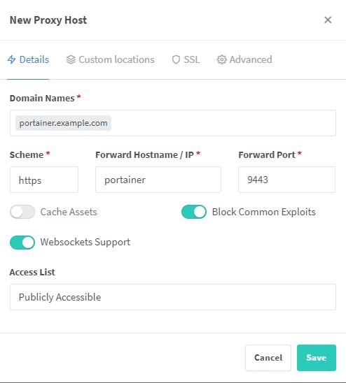 Portainer als Proxy-Host hinzufügen