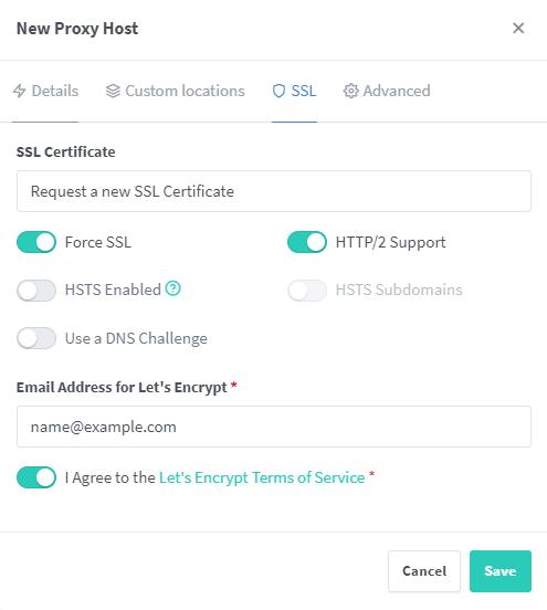 Portainer NPM SSL-Optionen