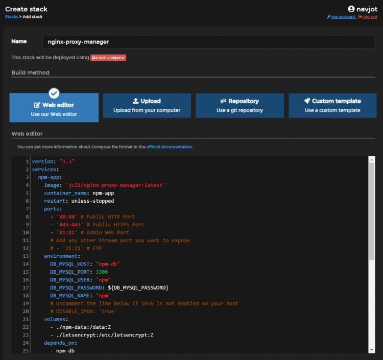 Portainer Stapel hinzufügen Seite