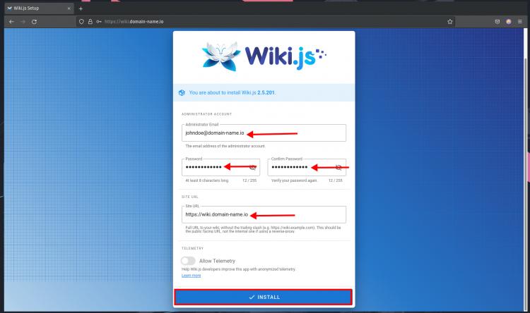 Wiki.js Admin-Konto erstellen und Site-Url einrichten