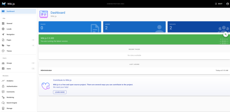 wiki.js Administrations-Dashboard