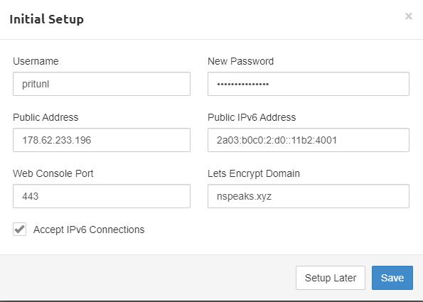 Bildschirm für die Ersteinrichtung von Pritunl